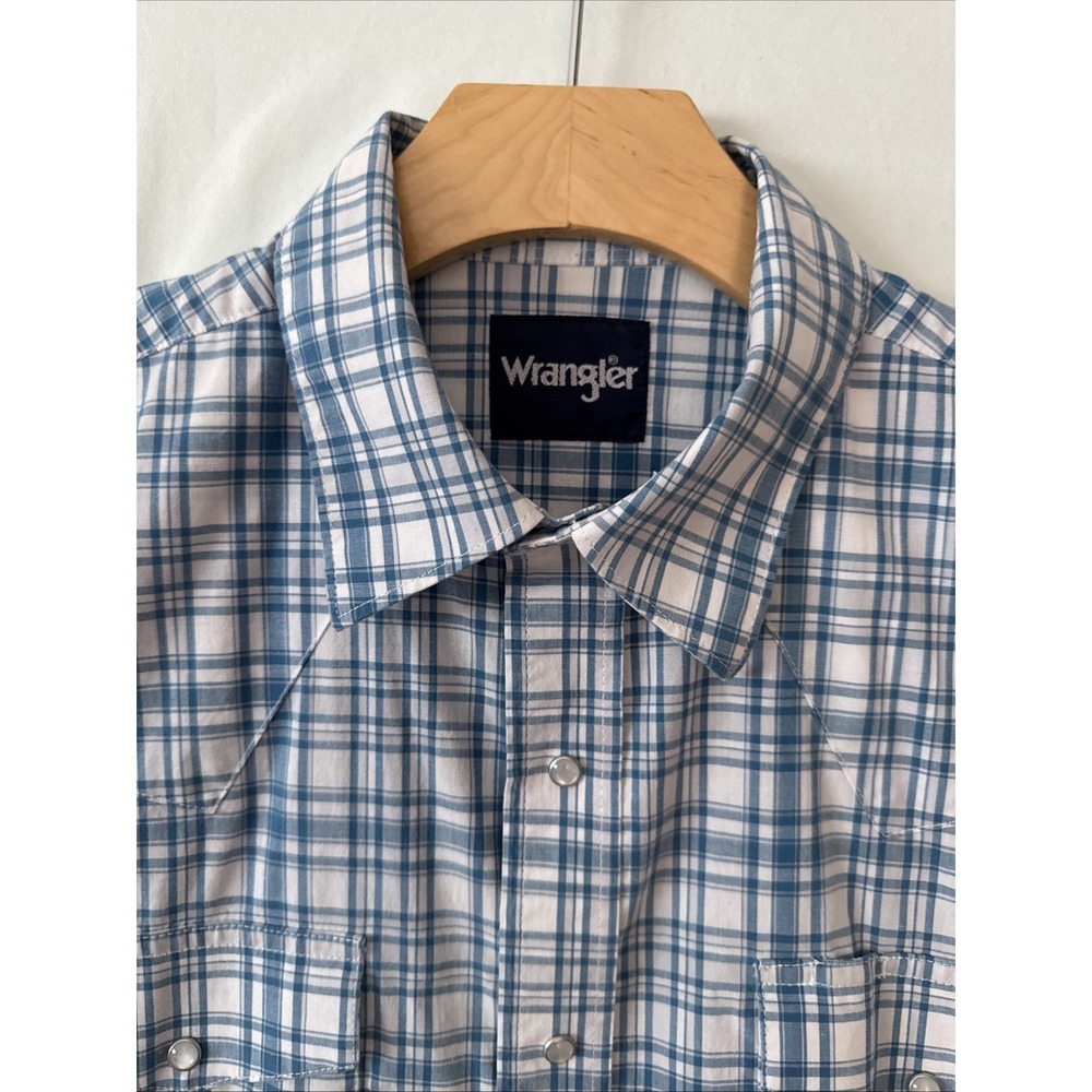 Wrangler Shirt Mens LG Blue Plaid Western Pearl Snap Short Sleeve Cowboy Rodeo